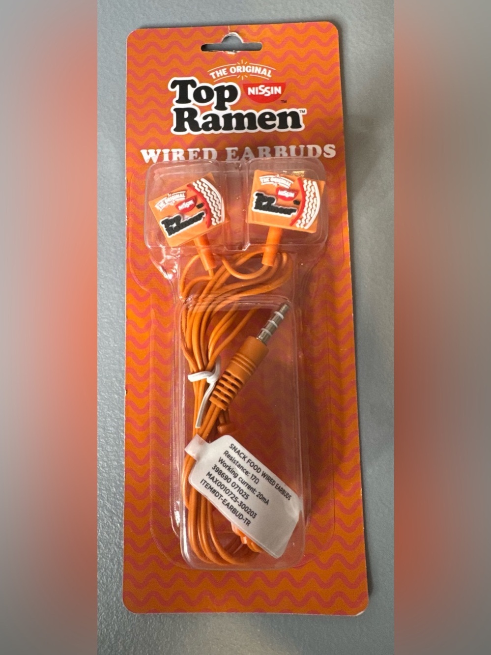 Top Ramen soup package shaped Orange Wired Earbuds with 3.5mm Plug plug in